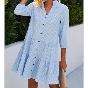 Plaid Print Button Up Split Neck Tunic Dress